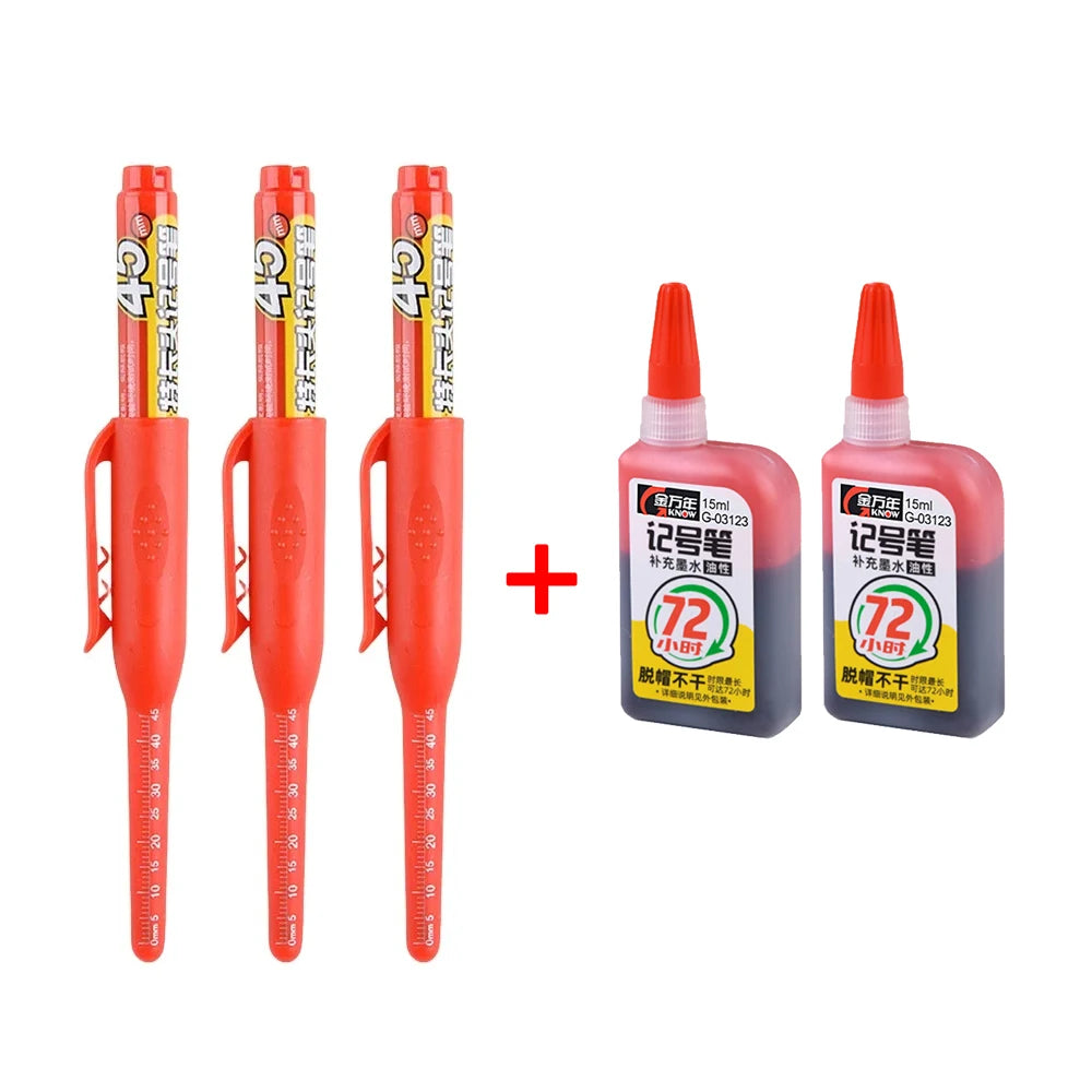 45mm Deep Hole Marker Pen - Waterproof Long Nib Carpenter Pen for Woodworking, Black/Blue/Red Ink