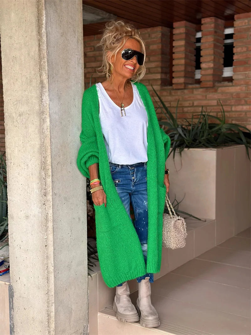 2024 Women’s Knitted Striped Cardigan – Elegant Loose Long Outerwear, Y2K Sweater Coat, Soft Cover-Up for Fashion Streetwear