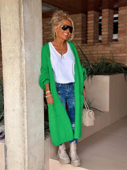 2024 Women’s Knitted Striped Cardigan – Elegant Loose Long Outerwear, Y2K Sweater Coat, Soft Cover-Up for Fashion Streetwear