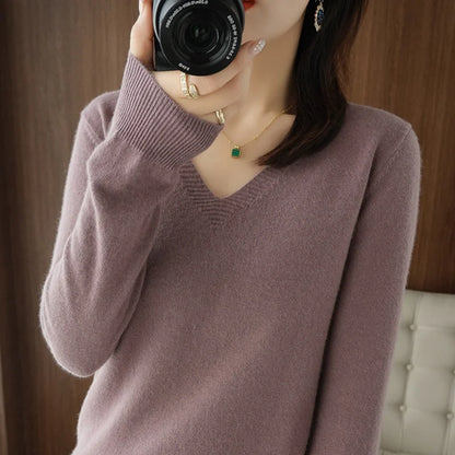 New Women’s Cashmere V-Neck Pullover – Lace Hollow Out Long Sleeve Knitted Sweater for Fall & Winter
