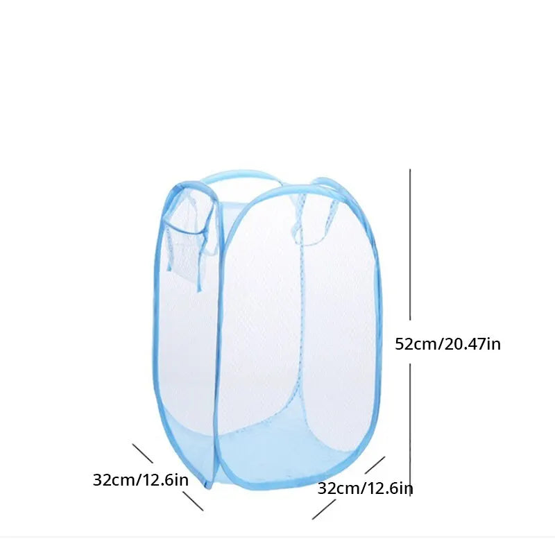 Blue Mesh Pop-Up Square Laundry Basket - Collapsible Toy Organizer Bag for Dorm - Dirty Clothes Storage Solution