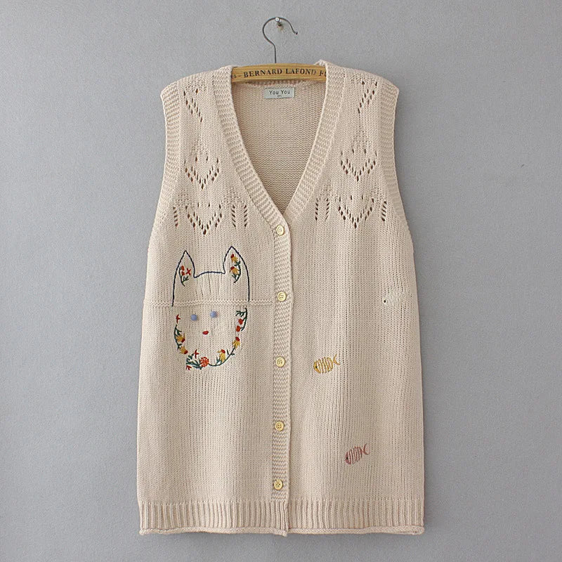 Plus Size Women's Embroidered Hollow Knit Sweater Vest – V-Neck Cardigan, Casual Autumn Fashion, E2 3023