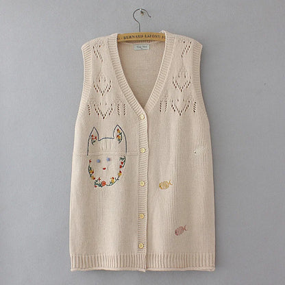 Plus Size Women's Embroidered Hollow Knit Sweater Vest – V-Neck Cardigan, Casual Autumn Fashion, E2 3023