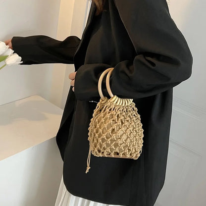 Handmade Woven Straw Handbag – Elegant Bucket Tote Wrist Pack for Women, Travel & Leisure