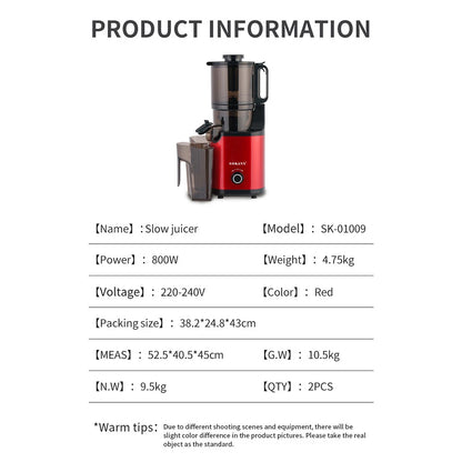 Cold Press Juicer — Slow Chewer with 140mm Large Bore Feed for Whole Fruits & Vegetables, Easy-Clean Design