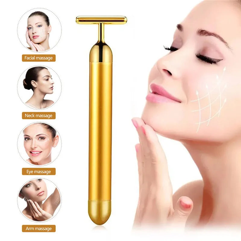 24K Gold Facial Slimming Beauty Bar – Pulse Vibrating Roller for Skin Lifting, Firming & Wrinkle Tightening