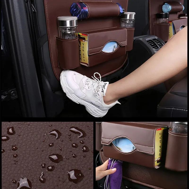 Car Seat Back Organizer with Foldable Table Tray – PU Leather Storage Organizer with Pockets & Kick Mats