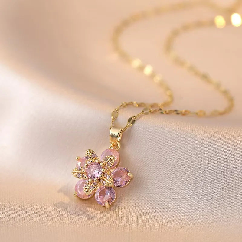 Light Luxury Gold Zircon Flower Pendant Necklace for Women – Elegant Spin Design High-End Party Jewelry Gift Chain Necklace