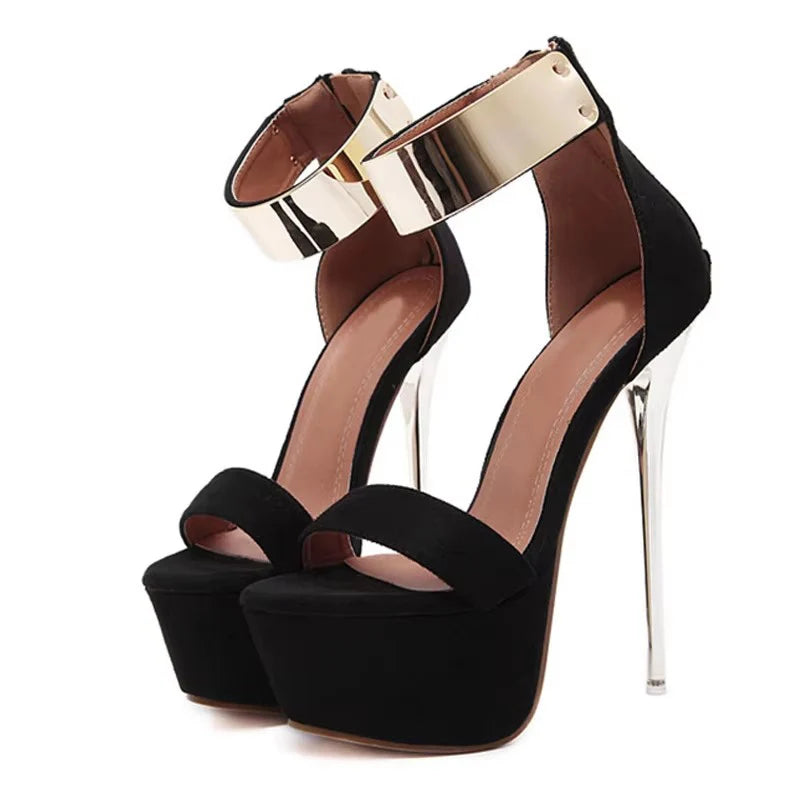 Liyke Women’s Designer Metal Ankle Strap Sandals – Sexy 16cm Platform High Heels for Party & Pole Dance, Size 46