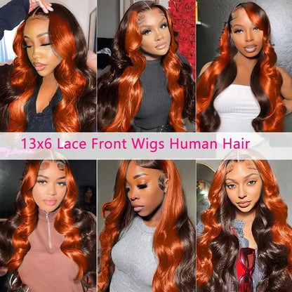 Linktowig 30 Inch Pre-Plucked 13x6 HD Lace Front Wig – Ginger Orange Ombre Body Wave Human Hair Wig for Women