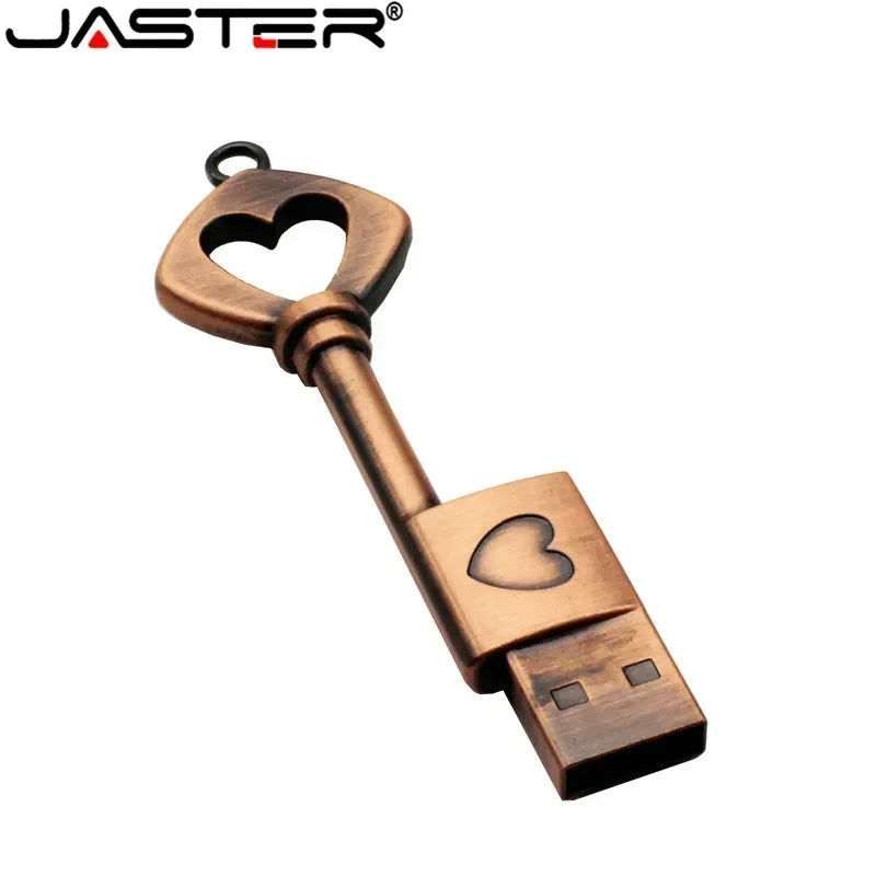 JASTER Copper Heart-Shaped Key USB Flash Drive – Metal Pendrive Memory Stick 4GB/16GB/32GB/64GB, Perfect Wedding Gift