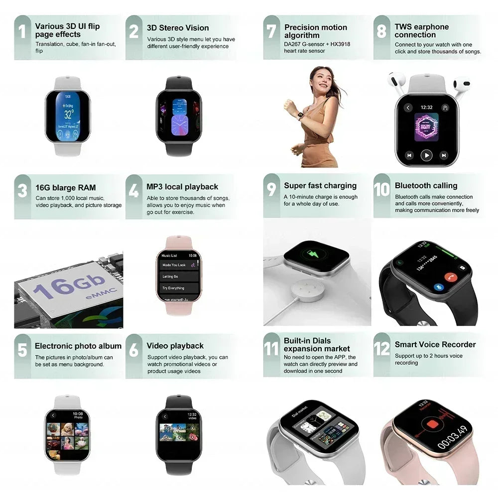 2025 DT 10 Smart Watch – 2.01" AMOLED, 16GB, Music, 3D Surround, BT Call, Waterproof Smartwatch for Men & Women