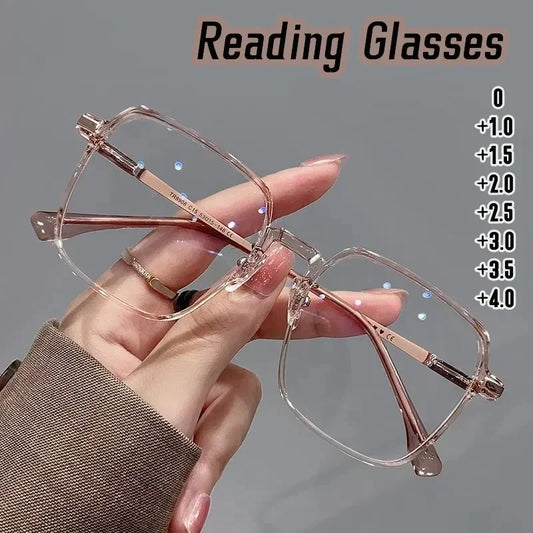 Trendy Reading Glasses for Women — Anti Blue Light Presbyopia Eyewear, High-Definition Transparent Frame, Unisex Eyeglasses