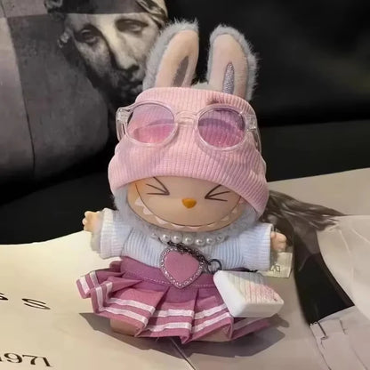 Mini Doll Clothes Outfit Set – 15-17cm Labubu V1-V3 Uniform Skirt, Sweater & Sunglasses Accessories