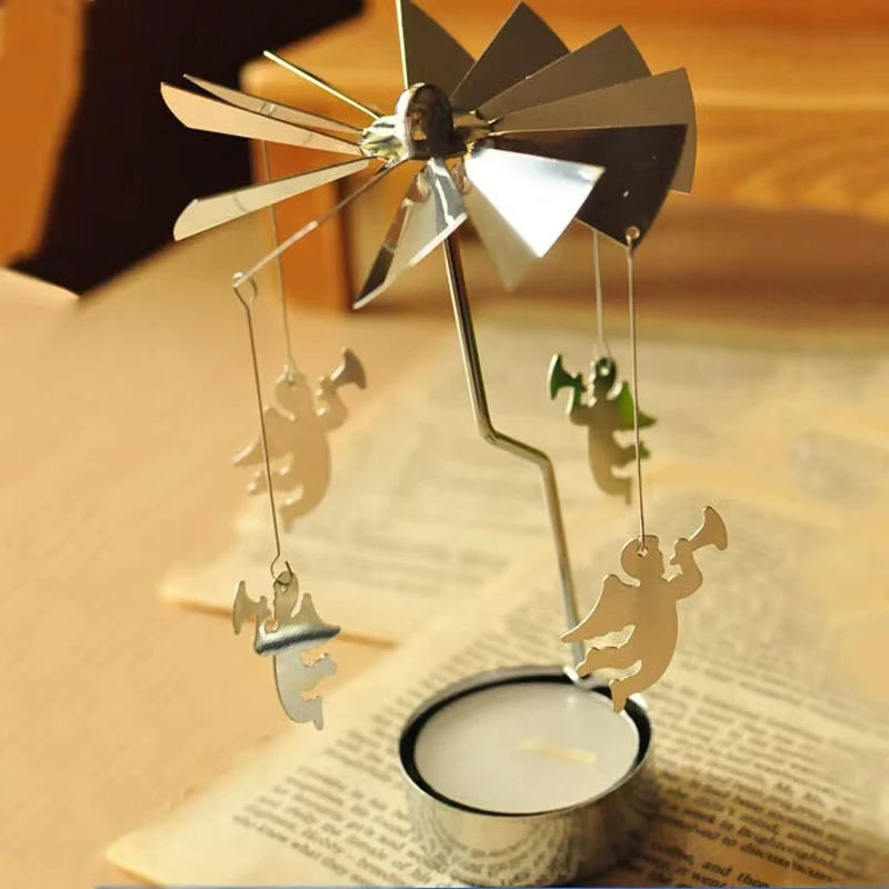 Silver Christmas Rotating Tea Light Candle Holder Carousel – Spinning Holiday Centerpiece Decor