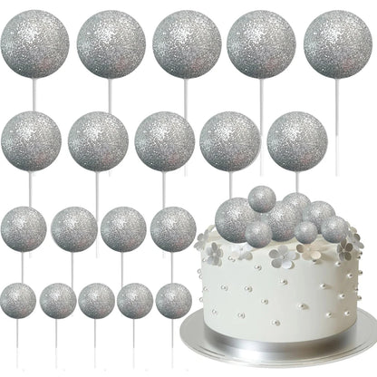 20Pcs Colorful Cake Topper Balls – Gold, Silver & Pastel DIY Cake Decorations for Birthday, Wedding & Party Supplies