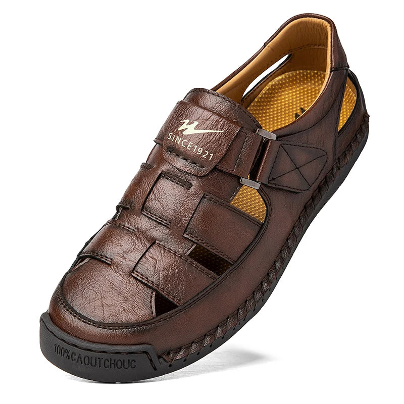 Men's Wide Toe Leather Sandals - Breathable Hollow Out Closed Toe Roman Casual Shoes Plus Size
