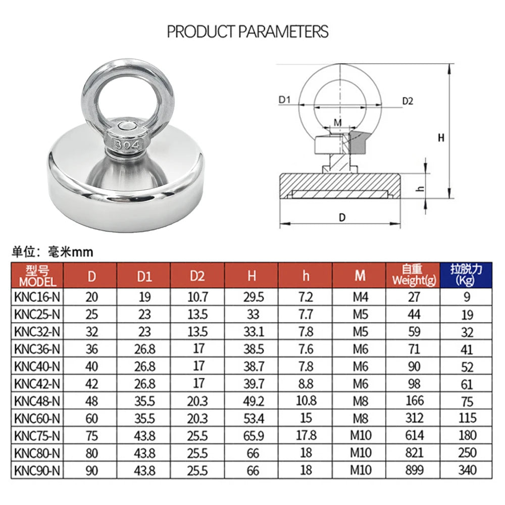D16~D42mm Super Strong Neodymium Fishing Hook Magnet — N52 Heavy Duty Rare Earth Eyebolt with Countersunk Hole for Salvage