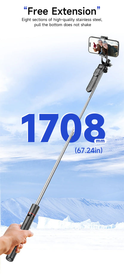 MEUYAG Selfie Stick Tripod – 1708mm Monopod with Fill Light, Bluetooth Remote, 360° Rotation & 1/4” Interface for Mobile Phones