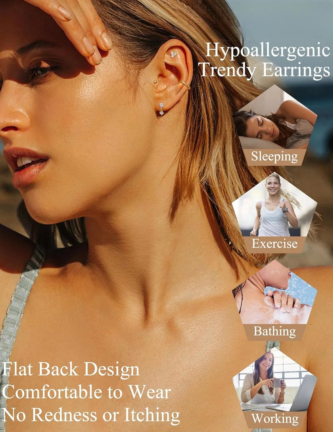 14K Gold Plated CZ Flat Back Stud Earrings – 316L Surgical Steel Threadless Nose, Helix & Cartilage Piercing Jewelry