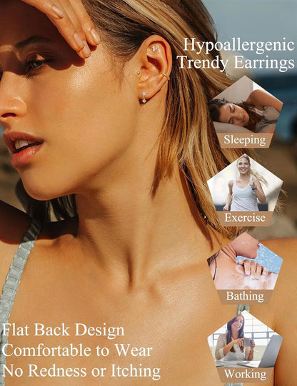 14K Gold Plated CZ Flat Back Stud Earrings – 316L Surgical Steel Threadless Nose, Helix & Cartilage Piercing Jewelry