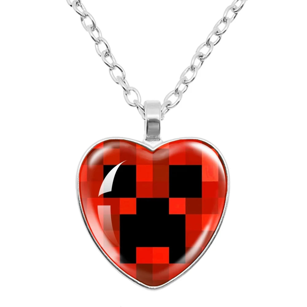 Funny Pixel Block Cartoon Pendant Necklace – 25mm Glass Heart-Shaped Charm, My World Theme Jewelry Gift