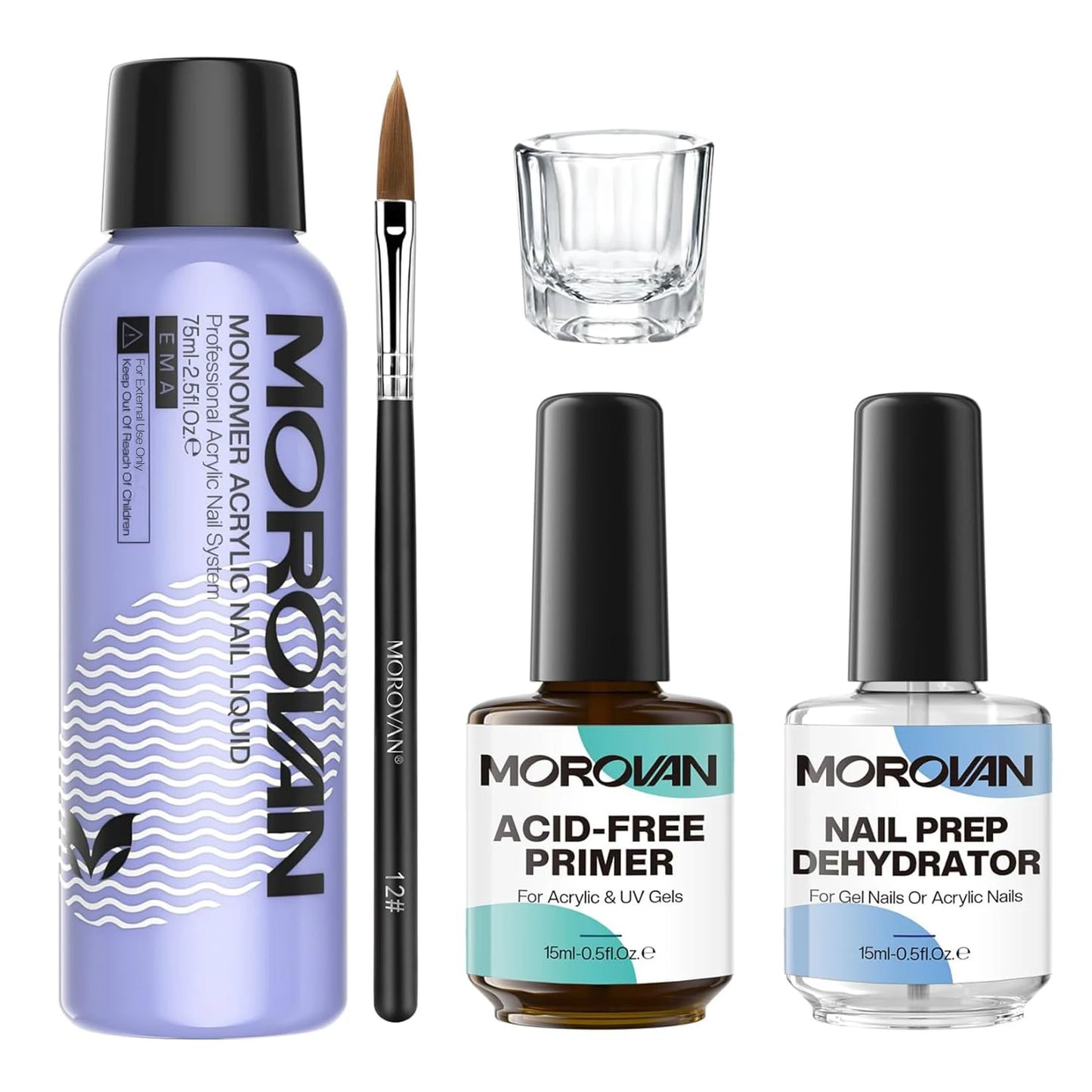 Morovan Monomer Acrylic Nail Liquid Kit — MMA-Free Formula with Nail Dehydrator & Primer for Nail Extensions