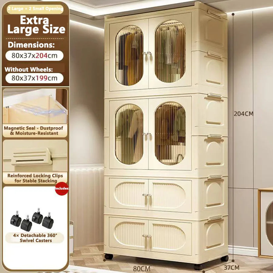 Foldable Storage Cabinet with Drawers – Dustproof Wardrobe Organizer for Home & Office
