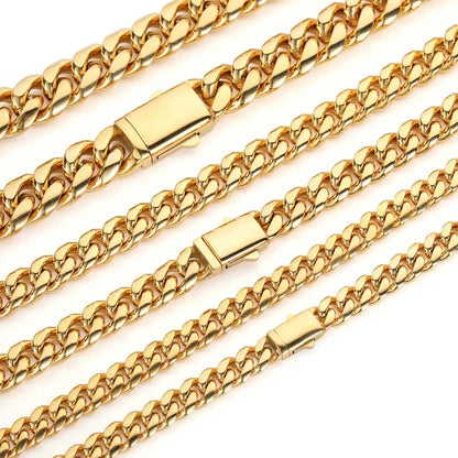High-Quality Stainless Steel Gold Color Cuban Chain Necklace – 8-14mm Width, Waterproof Curb Link for Men & Women, Multiple Sizes