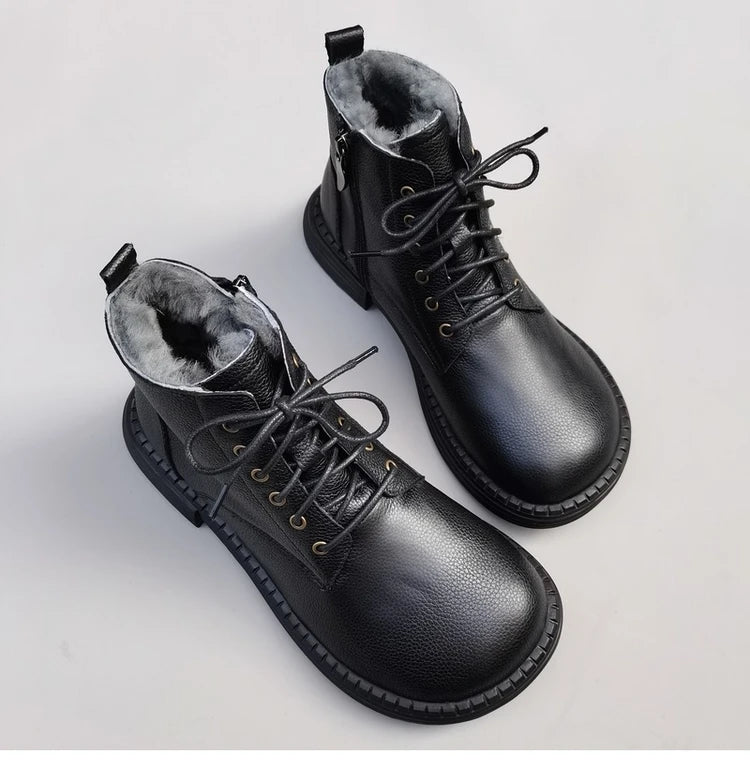 Careaymade 100% Genuine Leather Wide Casual Women’s Short Boots – Big Size, Handmade Men’s Wool Boots
