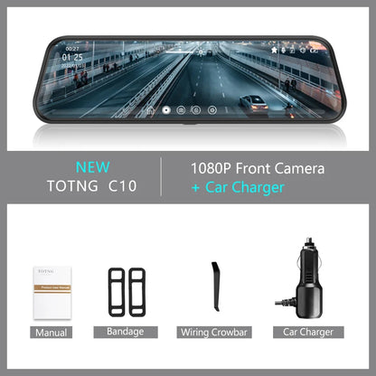 10-Inch Mirror Camera for Car – Touch Screen Video Recorder, Front & Rear Dash Cam, Rearview Mirror DVR Black Box