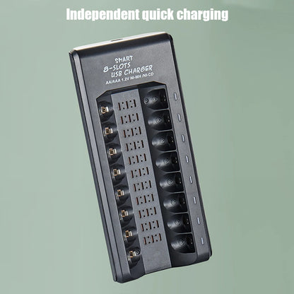8-Slot Fast USB Rechargeable Battery Charger – AA/AAA NiMH 1.2V with Short Circuit Protection & USB Output