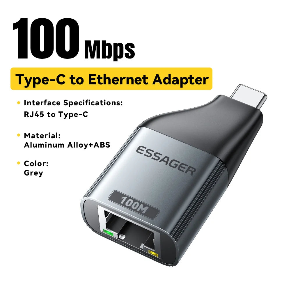 Essager Type-C to Ethernet Adapter – 100/1000Mbps Gigabit RJ45 to Type-C Adapter for MacBook, Laptop Wired Network Card