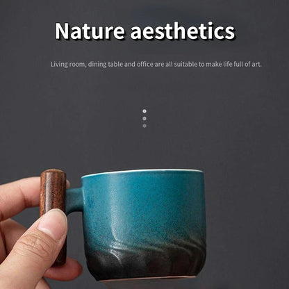 80ML Handmade Ceramic Coffee Cup with Wooden Handle - Office Tea Mug with Filter, Perfect Birthday Gift