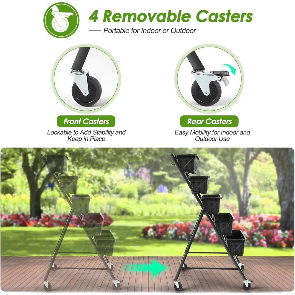 2-Tier Veal Garden Planter with Wheels – Black Herb & Vegetable Planter with Drainage and Hooks