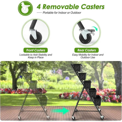 2-Tier Veal Garden Planter with Wheels – Black Herb & Vegetable Planter with Drainage and Hooks