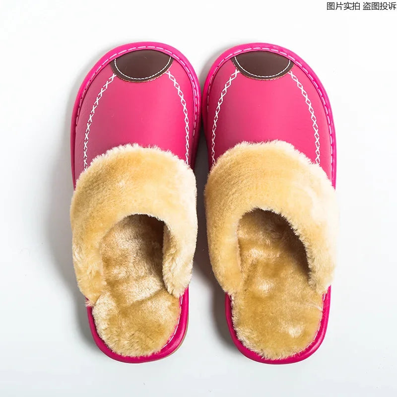 Men & Women Winter PU Leather Slippers — Black Waterproof Indoor Home Shoes, Warm Cozy House Slippers