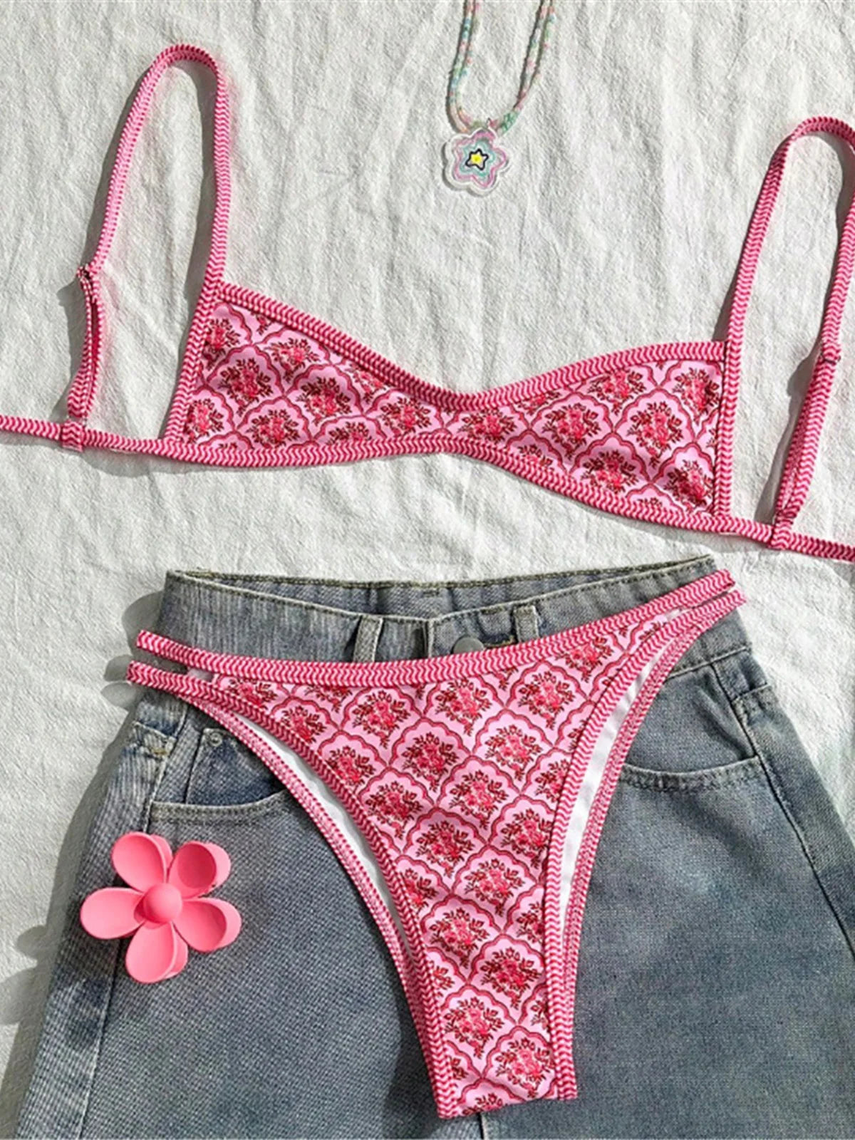 Floral Print High Leg Bikini Set - Women's Two Piece Swimsuit High Cut Beach Swimwear