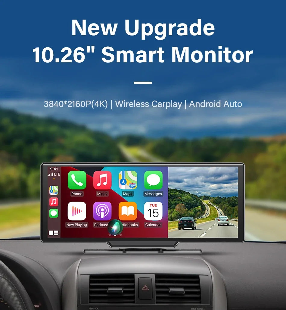 Srnubi 10.26 Inch Dash Cam Rearview Mirror - CarPlay & Android Auto DVR with GPS Navigation, Video Dashboard Monitor