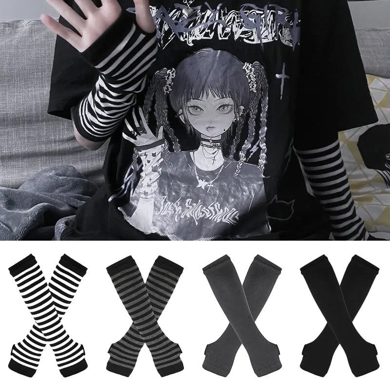 Stay Warm in Style: Winter Fingerless Striped Long Sleeve Gloves - Hip-Hop Knitted Design for Men and Women, Elastic Outdoor Arm Warmers