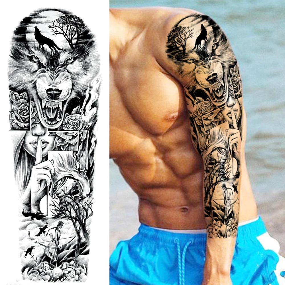 Full Arm Temporary Tattoo Sleeve - Realistic Warrior Lion Tiger Flower & Maori Design Fake Tattoos