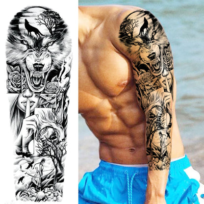 Full Arm Temporary Tattoo Sleeve - Realistic Warrior Lion Tiger Flower & Maori Design Fake Tattoos