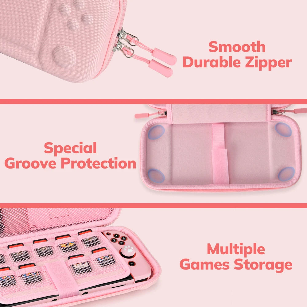 Pink Carrying Case for Nintendo Switch – Portable Travel Handbag with Screen Protector, Thumb Grip Cap, and Game Accessories Cover