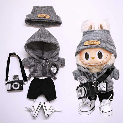 Labubu 15cm/17cm Universal Hoodie Set – Gray Trendy Outfit with Camera, Glasses, Headphones & Canvas Shoes (Series 1-3 Compatible)