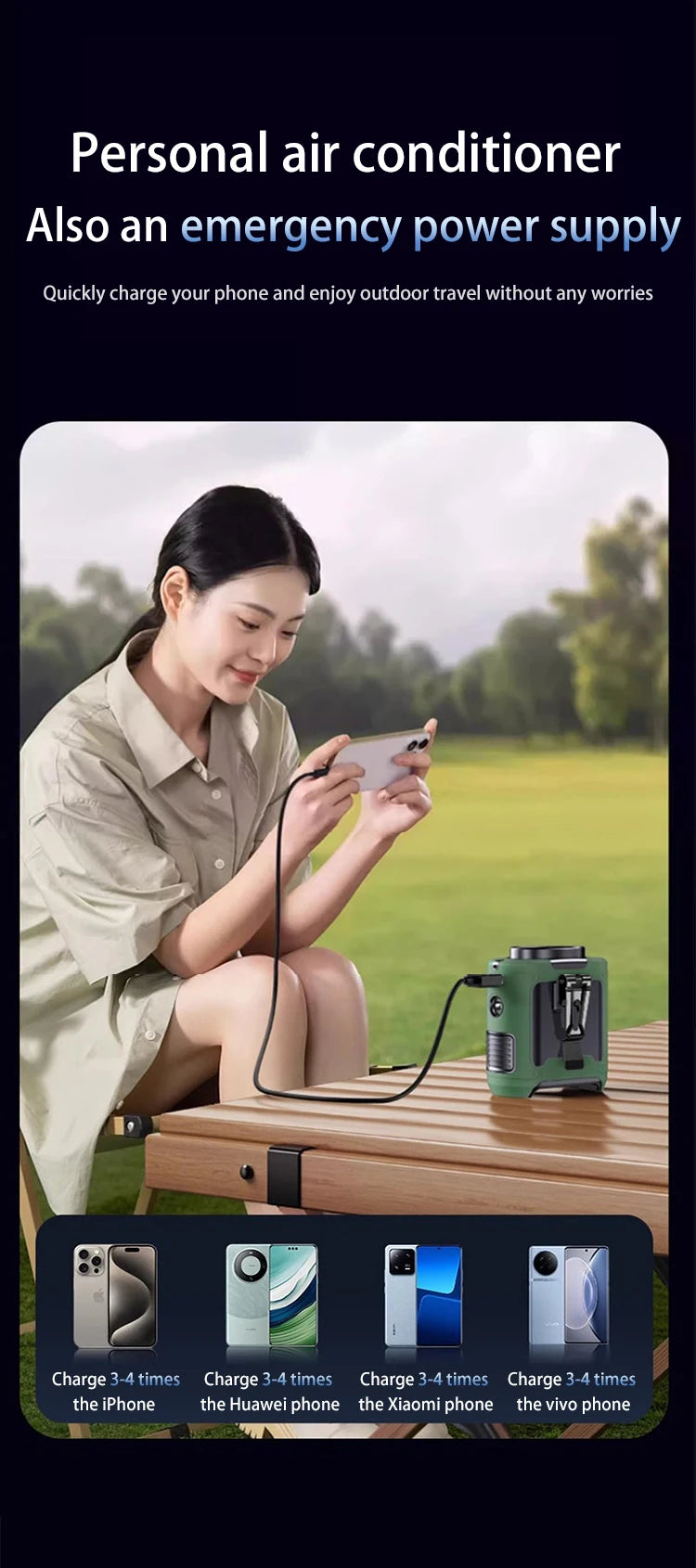 20000mAh Outdoor Portable Waist Fan - Hanging Neck Fan with Strong Wind, Power Bank & LED Lighting for Sports & Outdoor Work