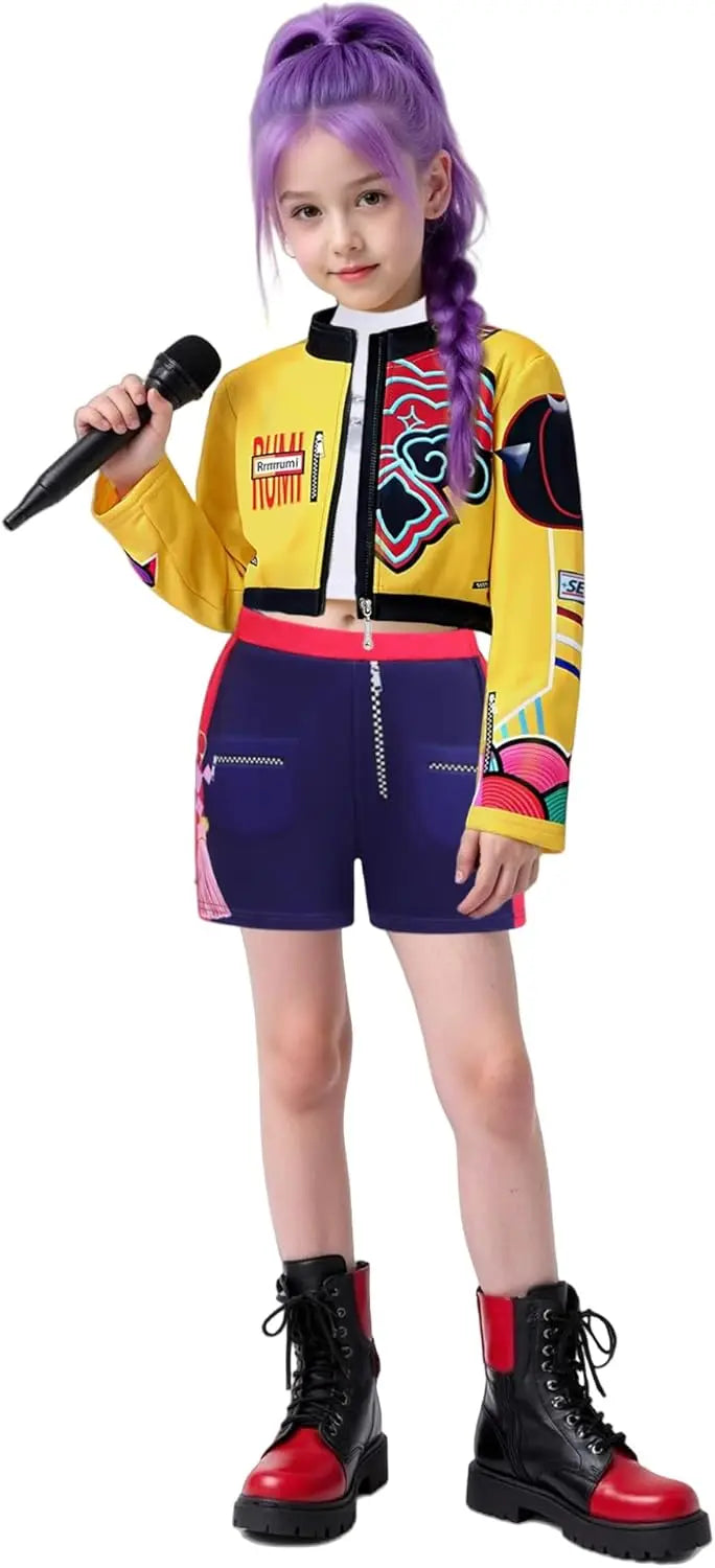 Kpop Rumi Zoey Mira Party Girls Demon Hunters Cosplay – Jacket and Shorts Outfit for Kids’ Halloween and Singer Costume
