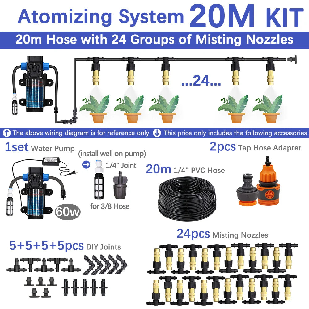 60W Self-Priming Misting Pump Kit 30–10m Cooling System with Adjustable Nozzle Atomizer for Garden Irrigation & Watering System