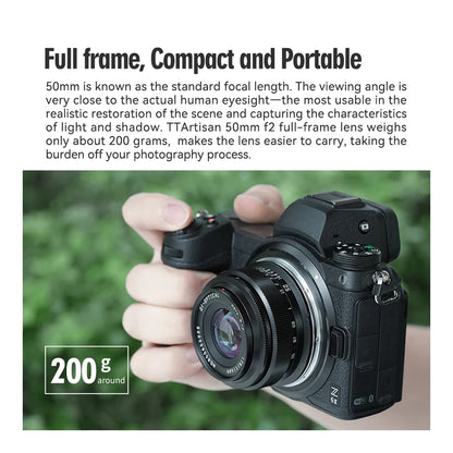 TTArtisan 50mm F2 Full-Frame Manual Focus Lens - Prime Portrait Lens for Sony E, Nikon Z, Fujifilm X, Leica & L-Mount Cameras
