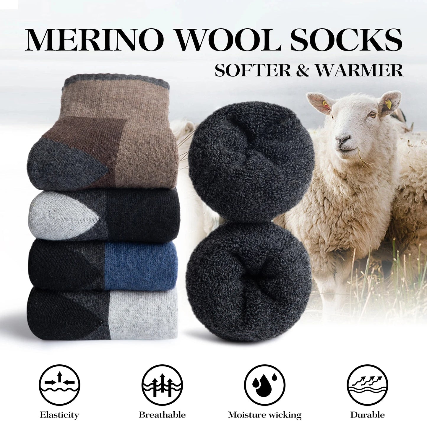 5 Pairs Merino Wool Hiking Socks for Men | Soft, Warm, Moisture-Wicking Winter Crew Socks for Indoor & Outdoor Wear