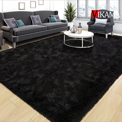 VIKAMA Black Plush Shag Area Rug – Soft Fluffy Furry Carpet for Bedroom, Living Room & Bedside